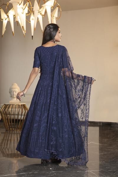 Flying Sky Color Georgette Long Anarkali Semi Stitched Gown with Heavy Work  on Dupatta - RJ Fashion
