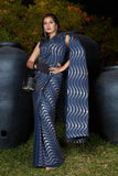 Navy Blue Colored Zari Wave Printed Silk Saree