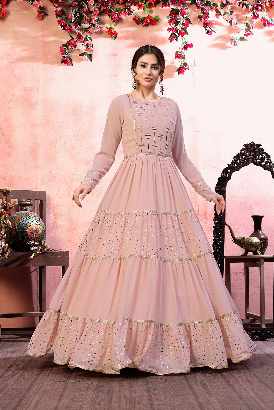 Buy Peach Chinnon Party Wear Embroidery Work Gown With Dupatta Online From  Wholesale Salwar.