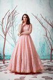 Graceful Pink Colored Metallic Foil Work Gown For Party Wear