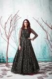 Beauteous Black Net Metallic Foil Work With Fit And Flared Gown