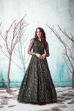 Beauteous Black Net Metallic Foil Work With Fit And Flared Gown