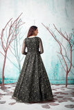 Beauteous Black Net Metallic Foil Work With Fit And Flared Gown