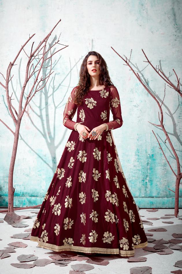 Shamita Shetty Of Design Embroidered Gown In Maroon