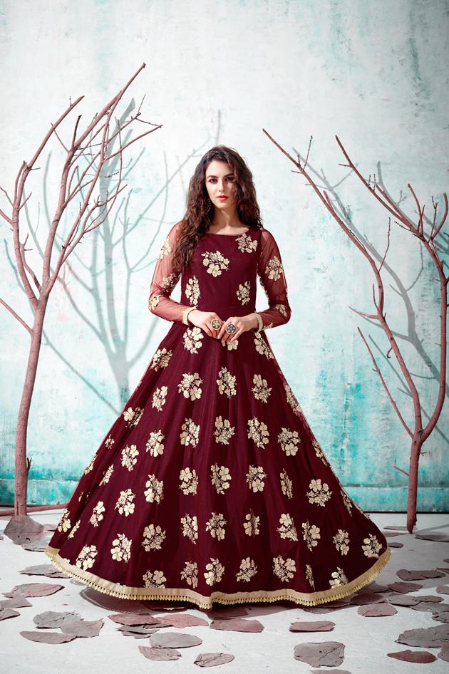 Embroidered Lycra Flared Gown in Maroon and Dark Brown : TUF1362
