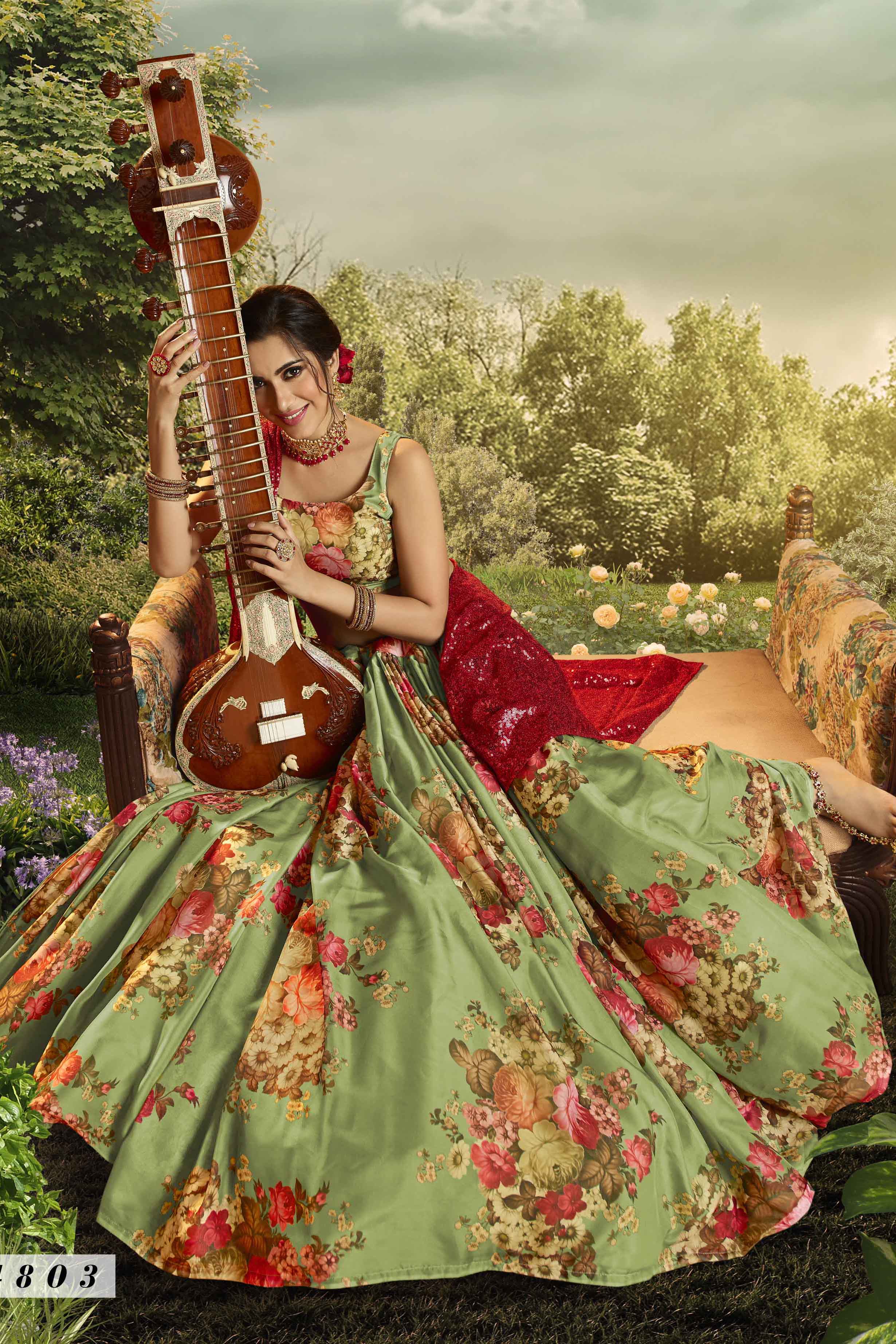 Admirable Green Floral Printed Lehenga Choli With Designer Sequence Work