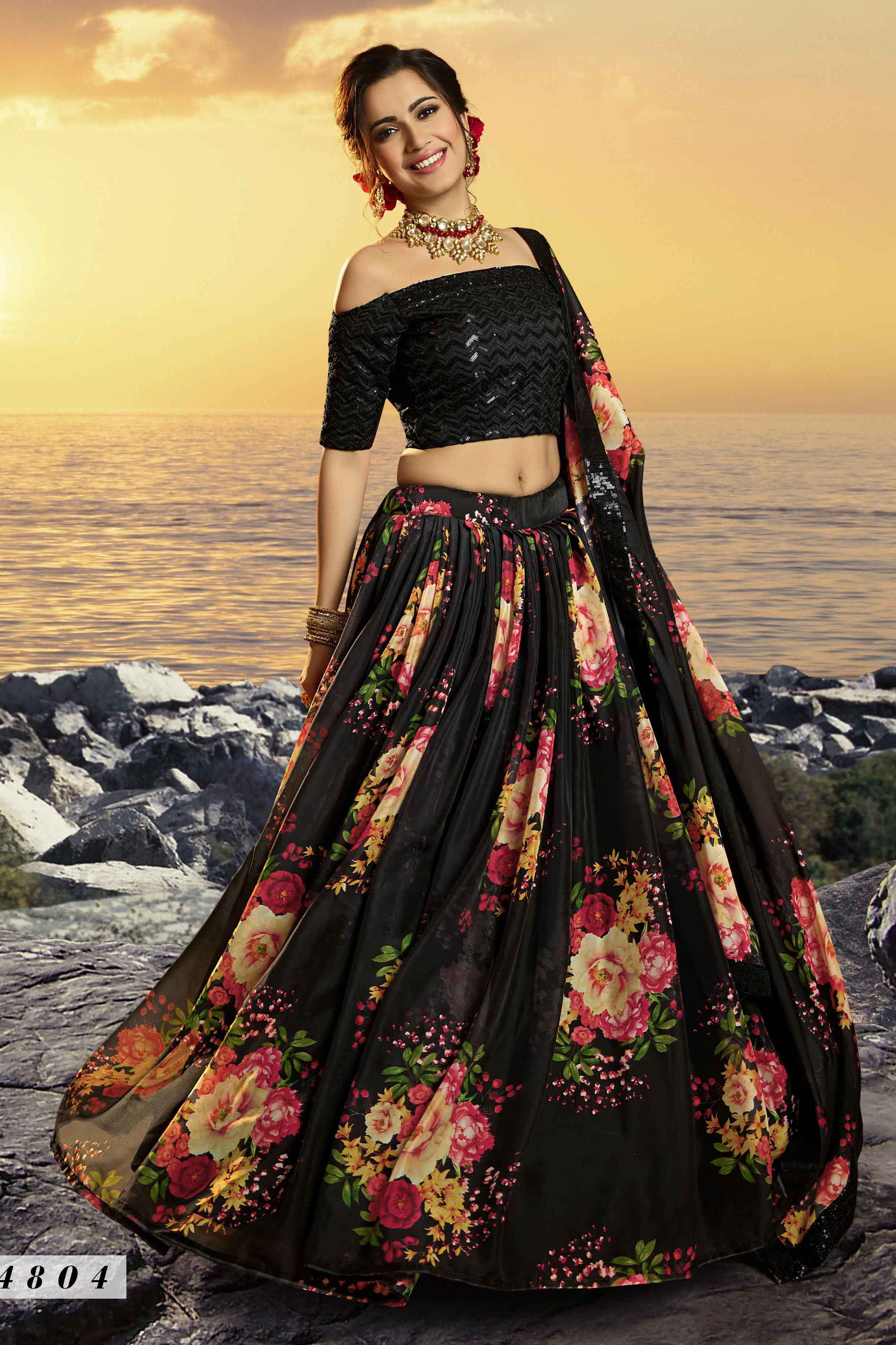 Buy Black and Grey Floral Printed Silk Party wear Lehenga Choli Online