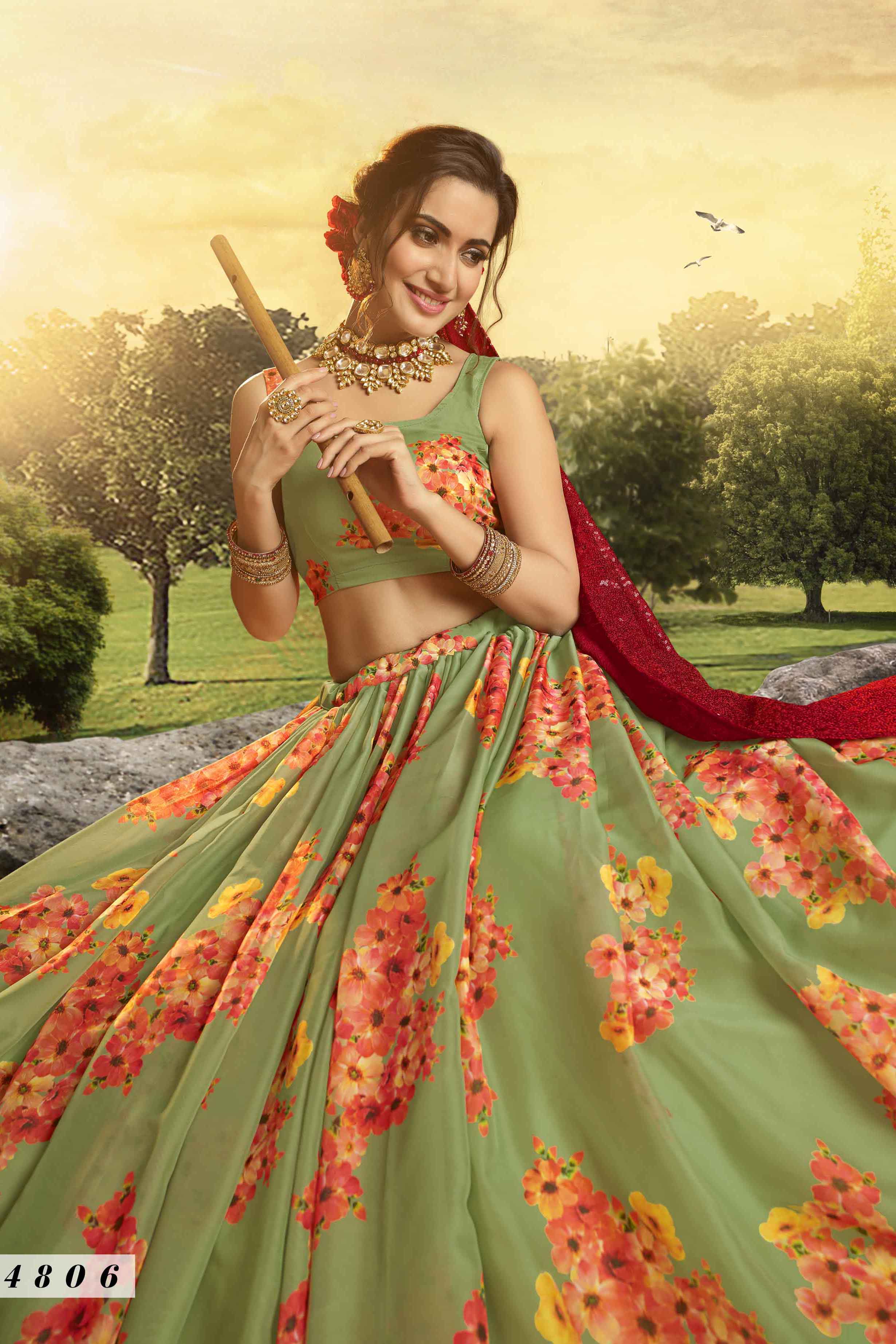 Gorgeous Green Color Floral Printed With Sequence Work Lehenga Choli