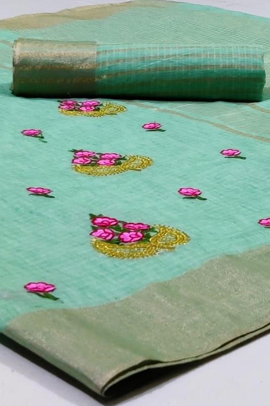 Casual Embroidery Work Linen Zari Border Saree