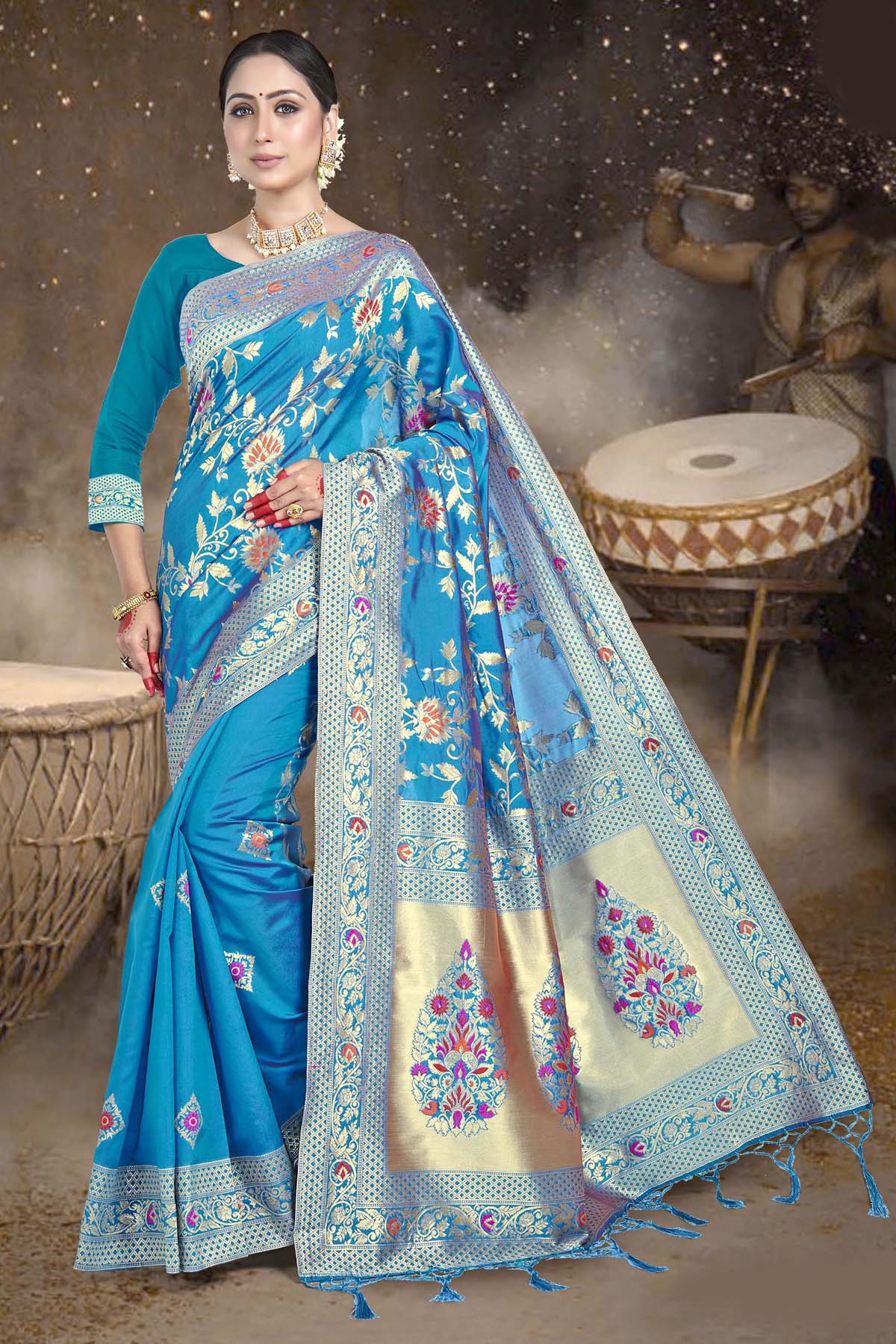 Art Silk Zari Woven Work Saree With Unstitched Blouse