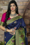 Dark Blue With Green Border Printed Banarasi Silk Saree