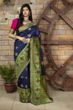 Dark Blue With Green Border Printed Banarasi Silk Saree