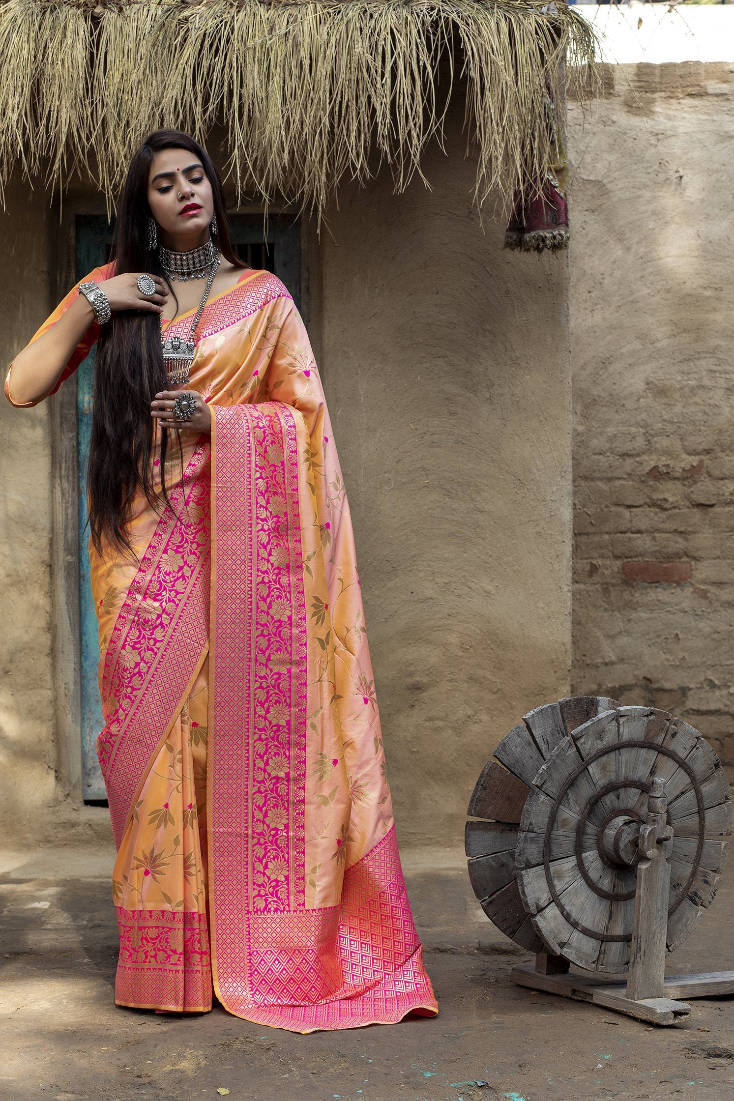 Floral Printed Banarasi Silk  With Self Designed Woven Saree