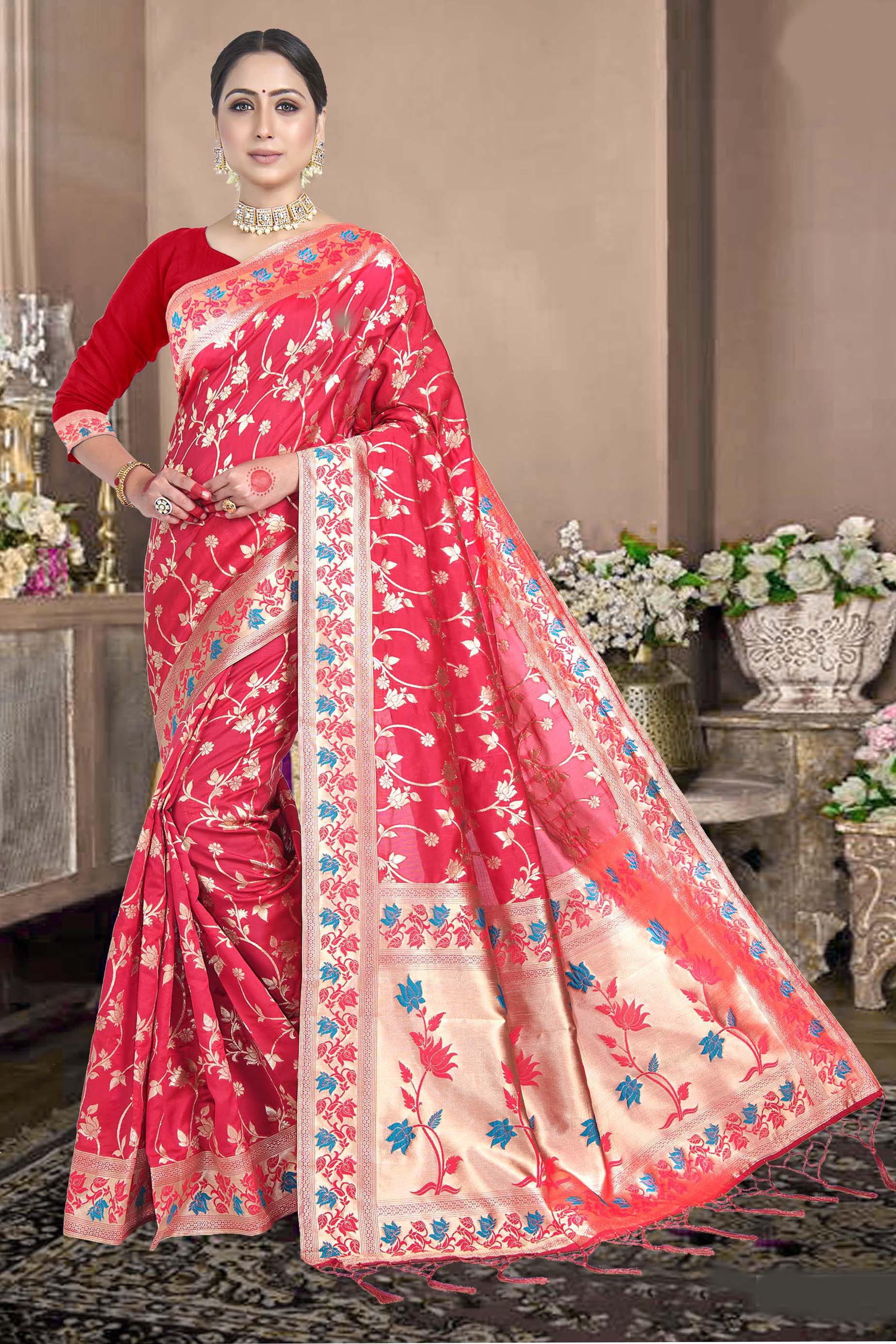 Traditional Red All Over Woven Work  Art Silk Saree