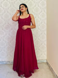 Simple And Elegant Striking Maroon Tapeta Silk Floor Length Long Designer Gown