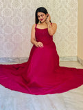 Simple And Elegant Striking Maroon Tapeta Silk Floor Length Long Designer Gown