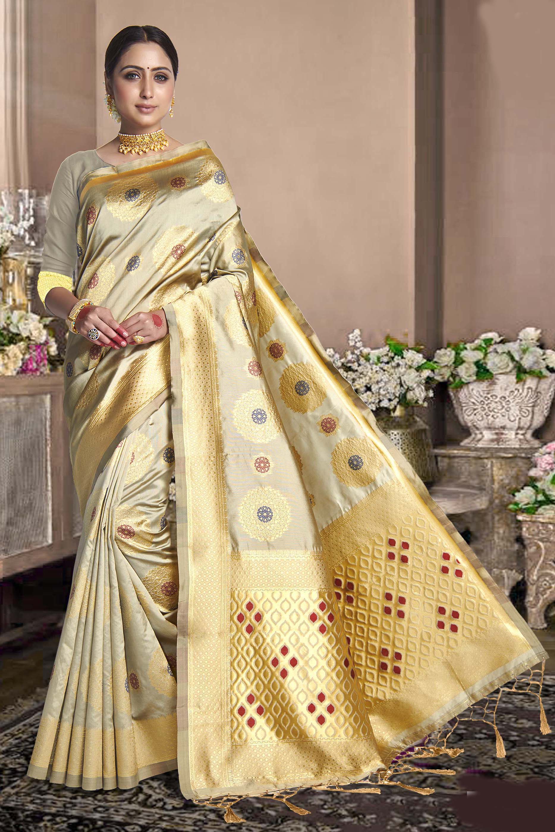 Authentic Beige Colored Art Silk Saree With Blouse