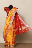 Yellow And Red Colored Bhandani Linen Saree With Tassel Attached