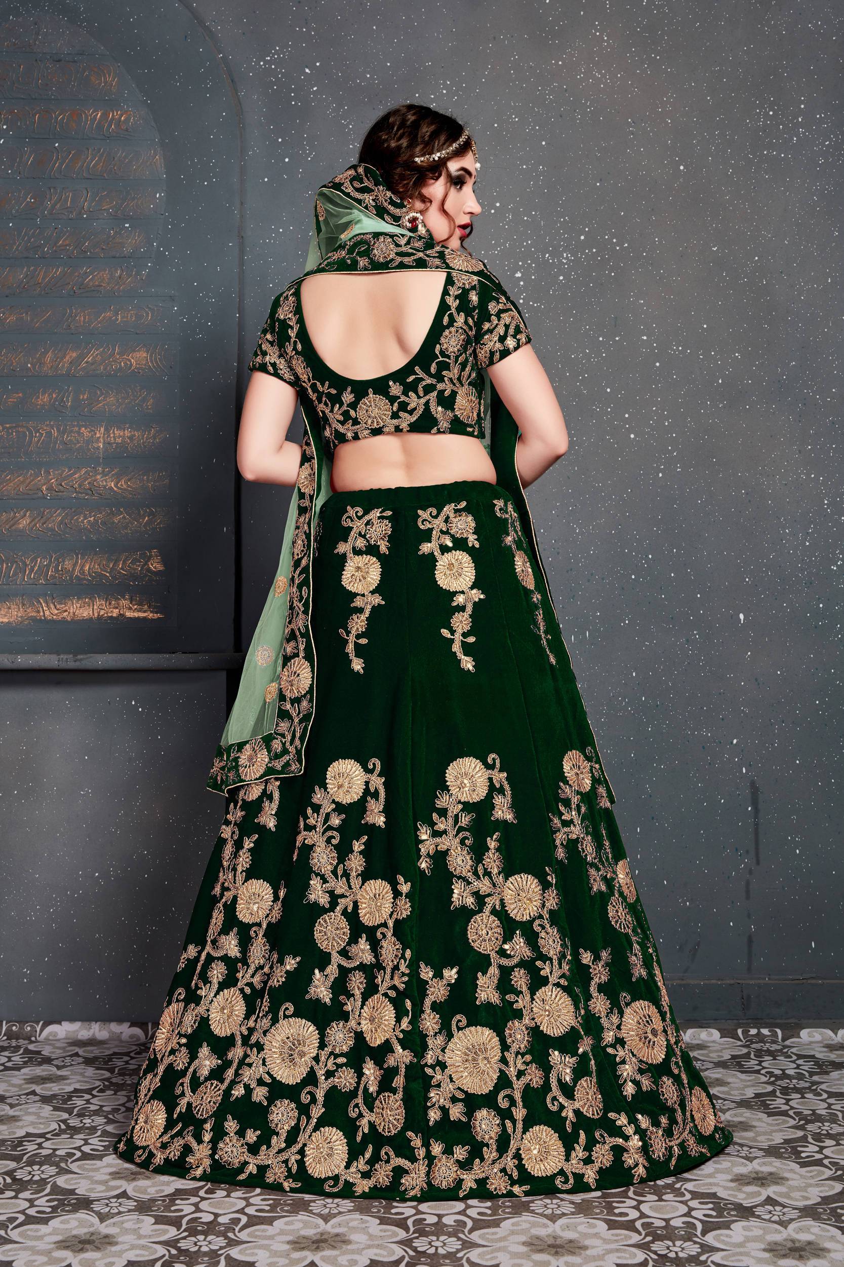 Ravishing Velvet Bottle Green With Embroidery Wedding Lehenga Choli With Dupatta