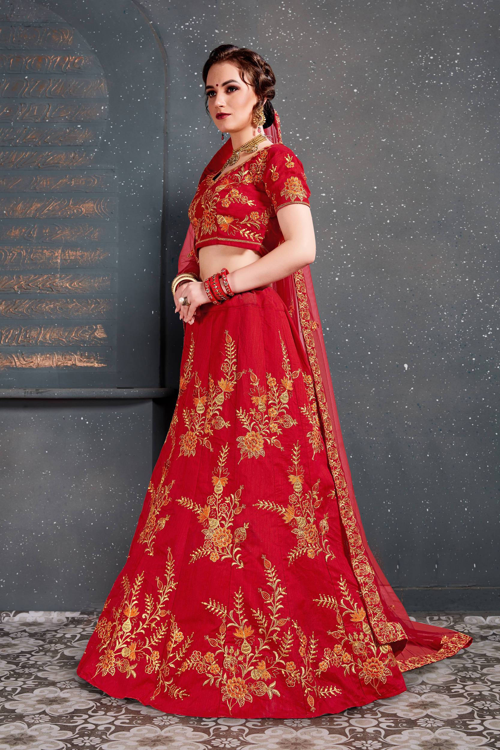 Astonishing Red Slub Silk Diamond With Embroidered Work Bridal Lehenga With Designer Choli