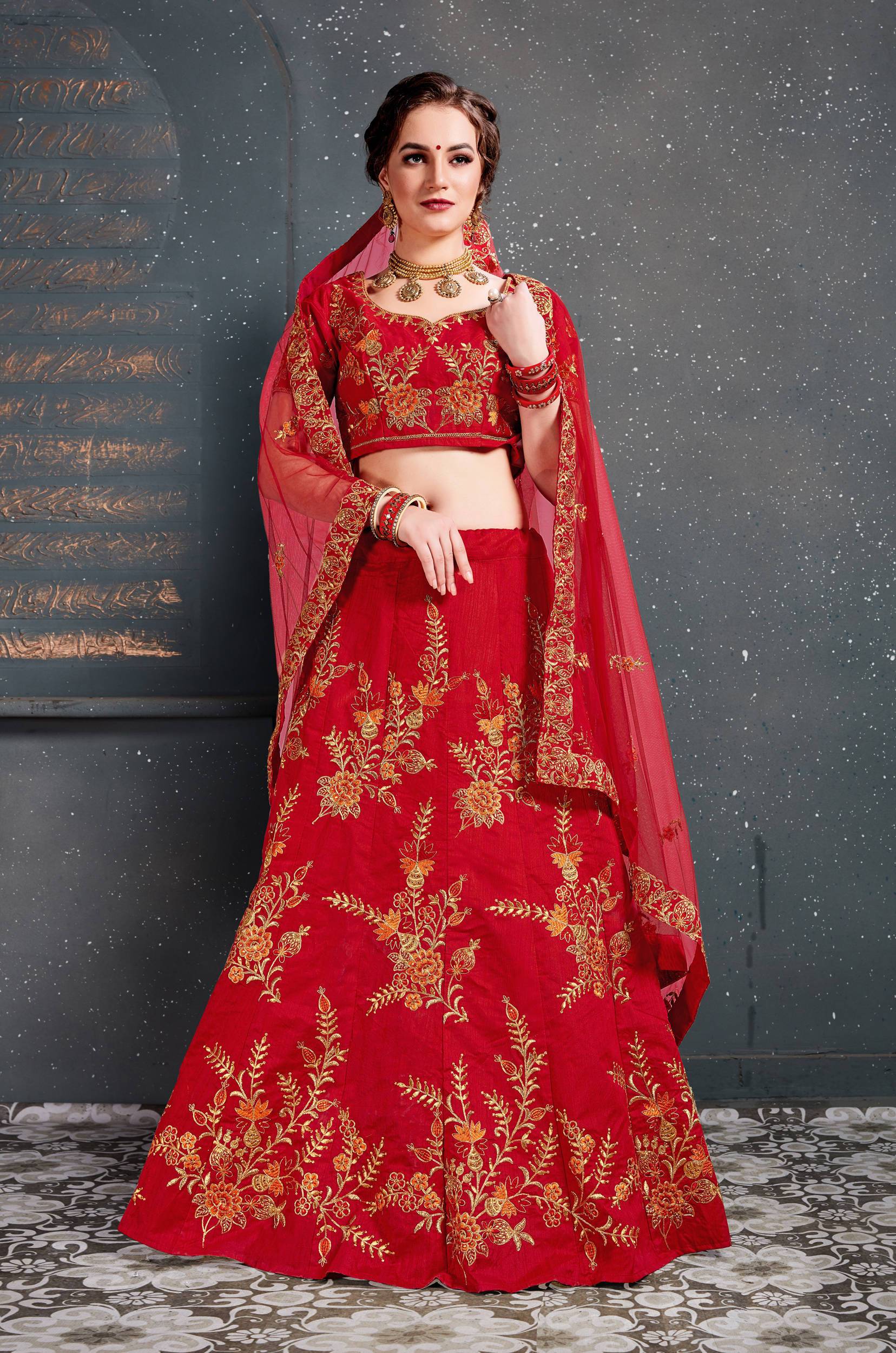 Astonishing Red Slub Silk Diamond With Embroidered Work Bridal Lehenga With Designer Choli