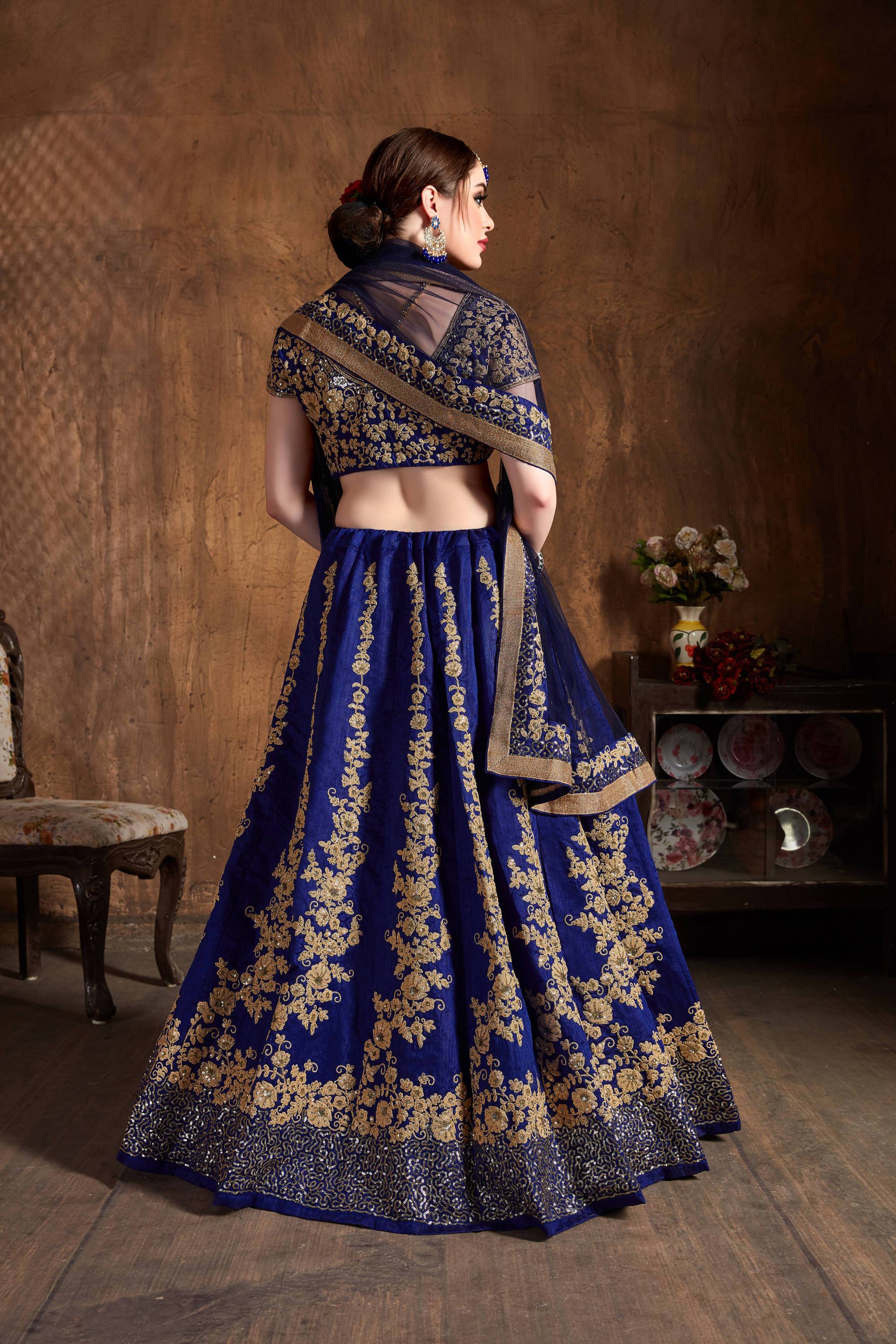 Navy Blue With Heavy Designer  Embroidery Work Lehenga With Choli And Dupatta For Wedding Wear