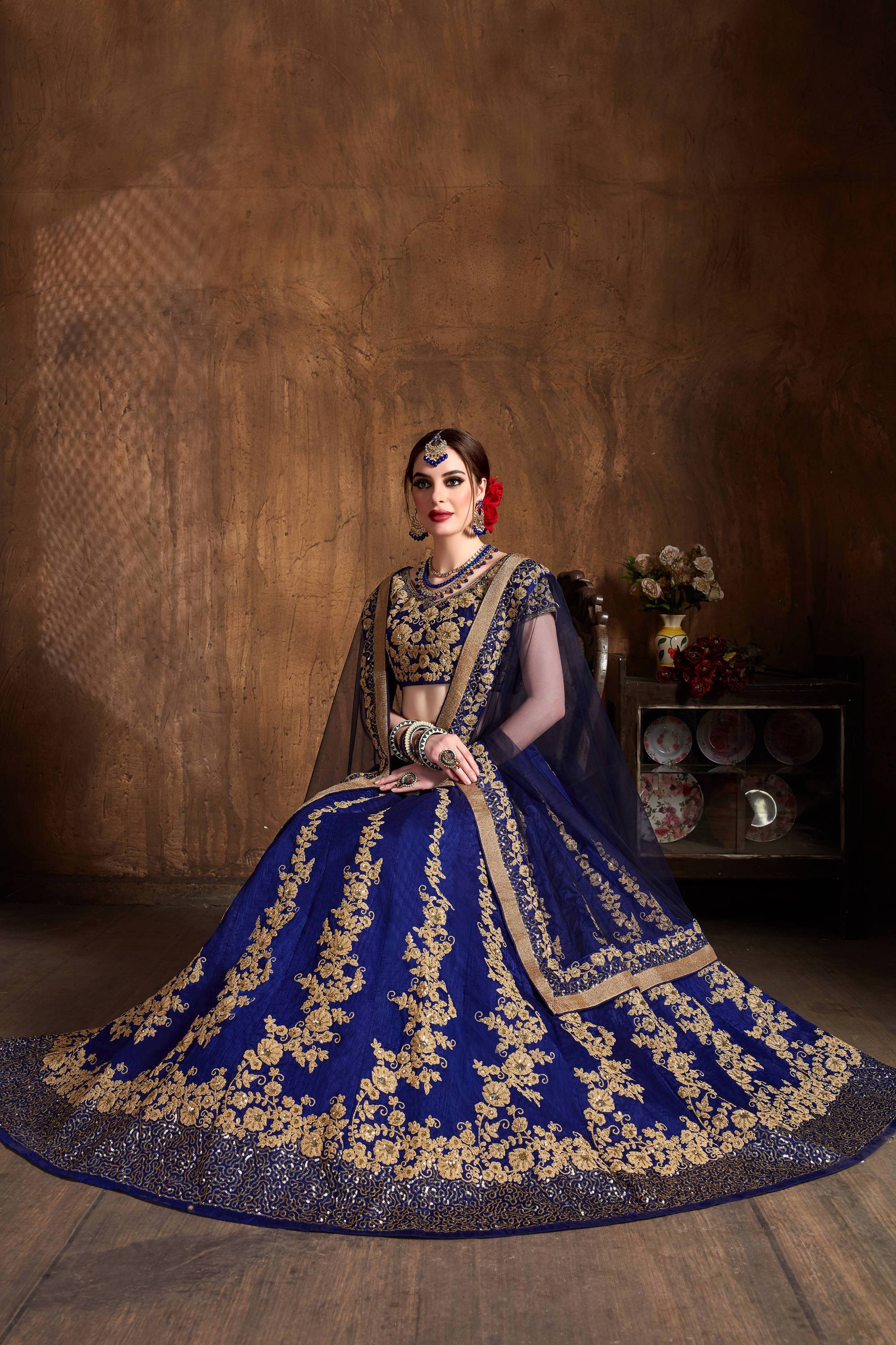 Dark Blue Designer Heavy Embroidered Bridal Lehenga | Saira's Boutique
