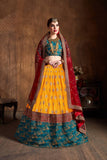 Yellow And Green Color Banarasi Silk Lehenga With Organza Dupatta Having Embroidery Work