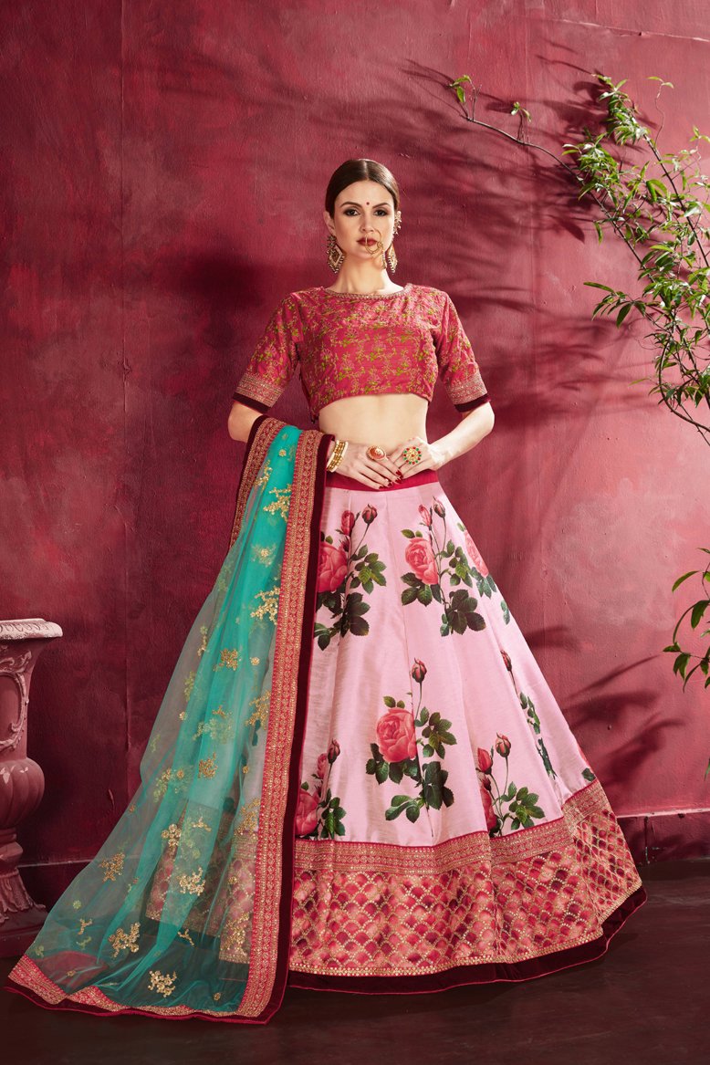 Elegant Rose Pink Colored  Floral Printed Lehenga Choli For Wedding Wear