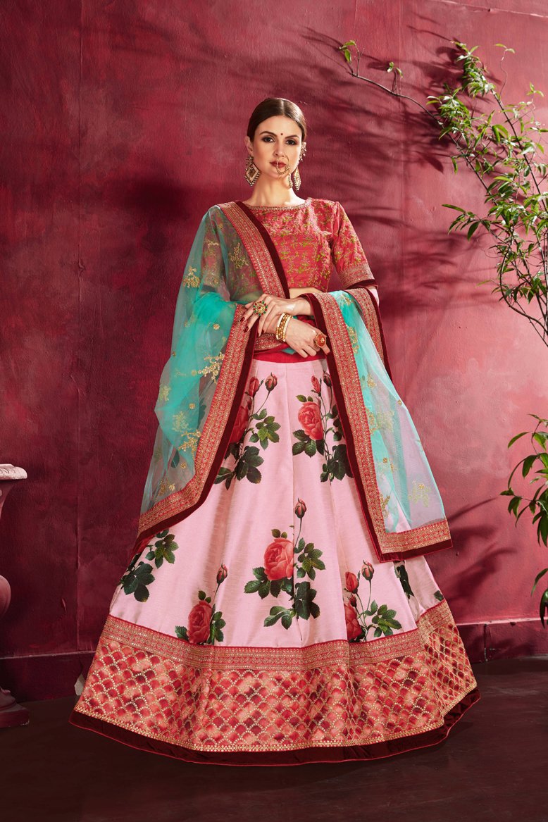 Elegant Rose Pink Colored  Floral Printed Lehenga Choli For Wedding Wear