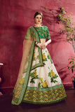 Designer Cream Green Colored Floral Printed With Zari Work Party Wear Lehenga