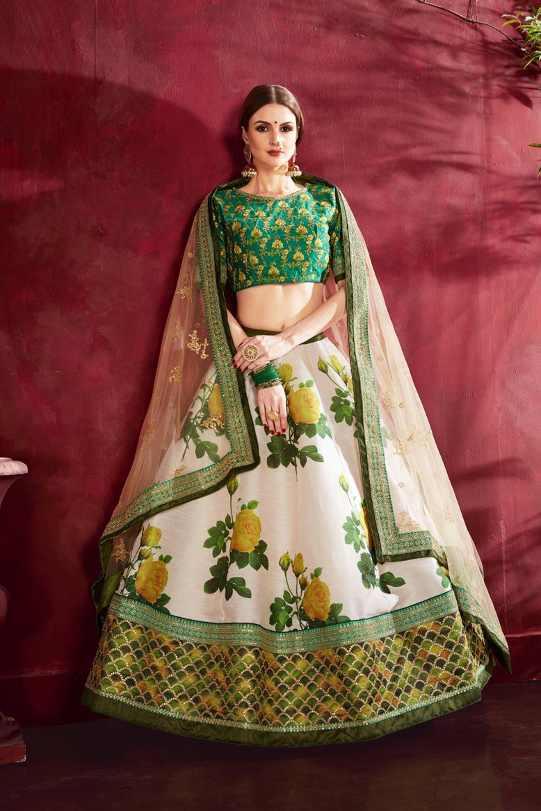 Designer Cream Green Colored Floral Printed With Zari Work Party Wear Lehenga