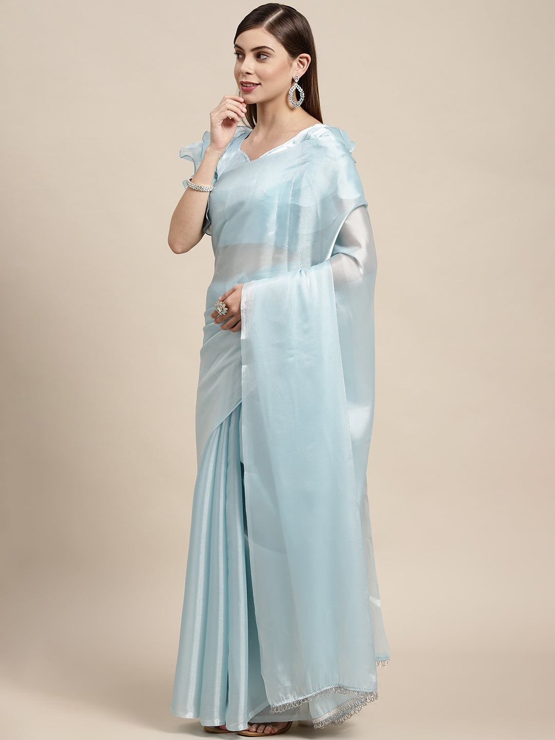 Trendy Prussian Blue Color organza Base Embroidered Saree