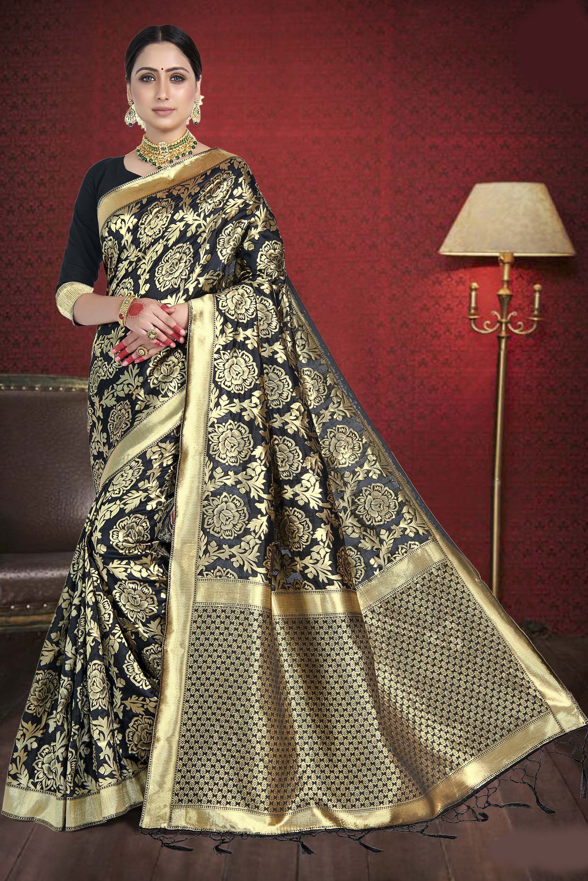 Buy Glamorous Black Zari Weaving Silk Reception Wear Saree From Ethnic Plus