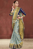 Grey Color Zari Work With Blue Blouse