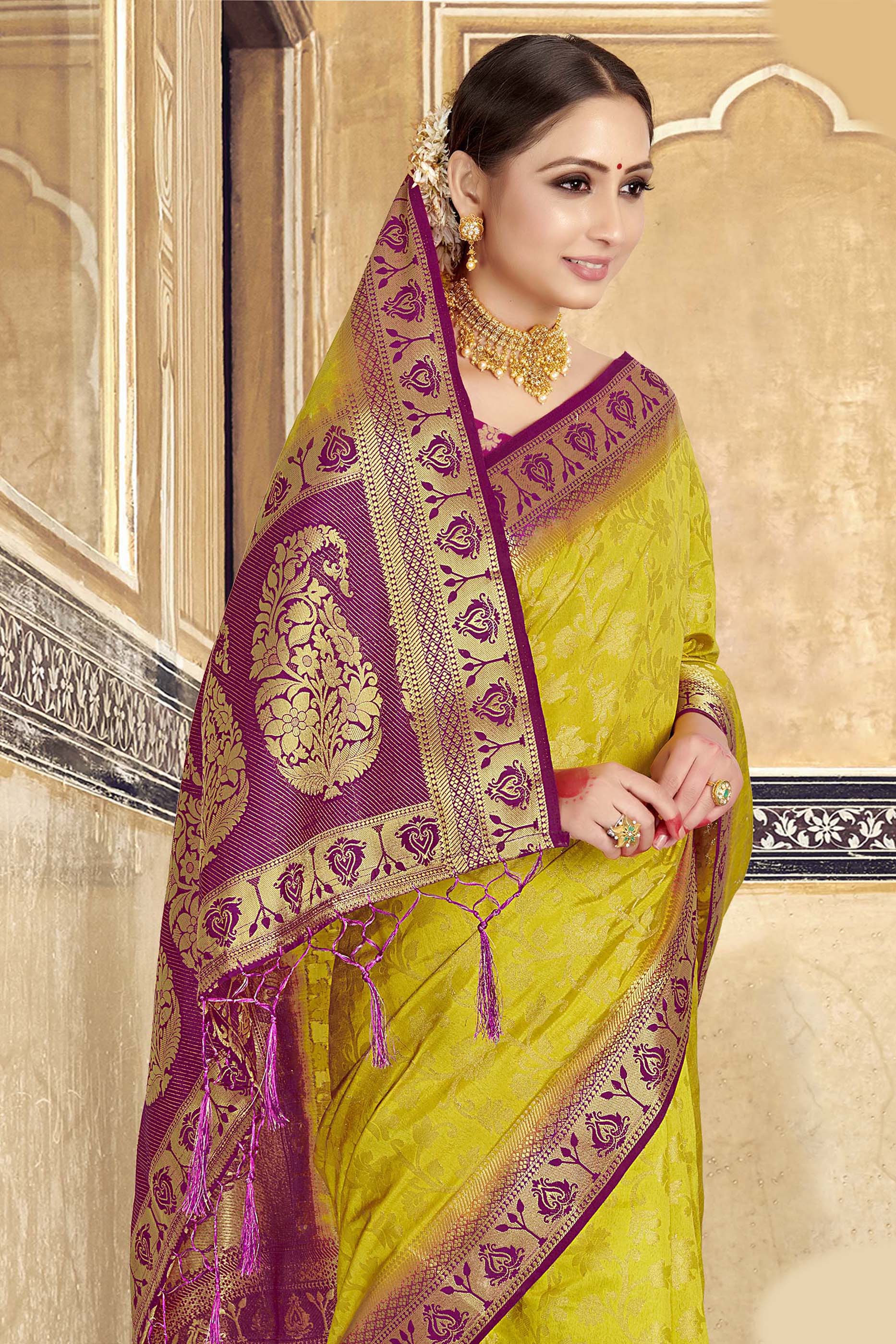 Yellow Woven Art Silk Saree With Blouse