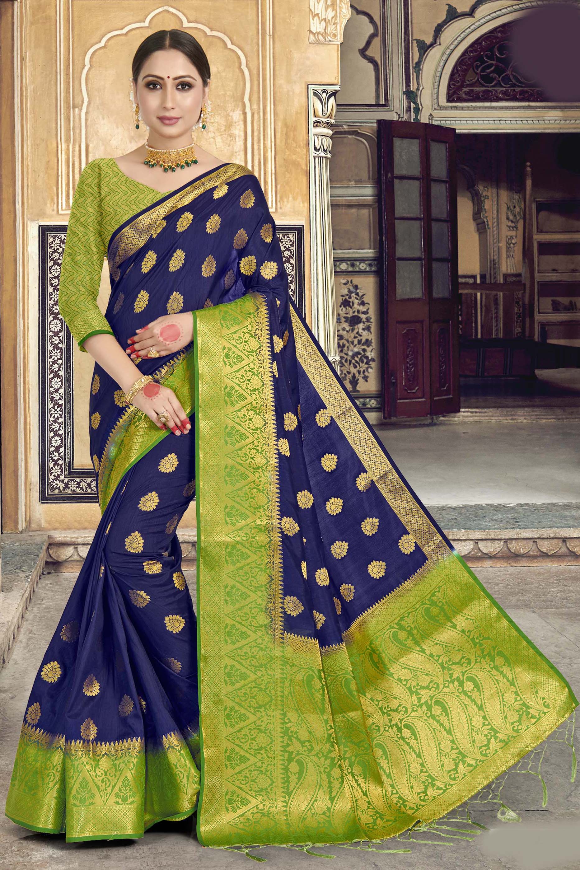 Navy blue woven art silk saree with blouse with belt