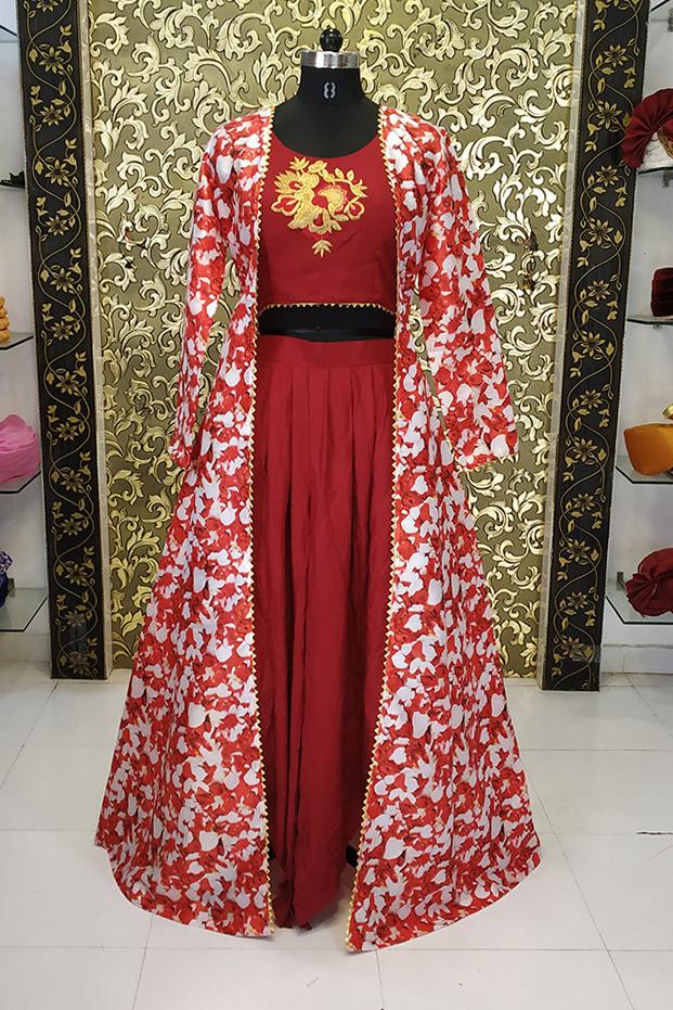 Stylish Red Colored Dhoti & Blouse With Koti Having Embroidery Work