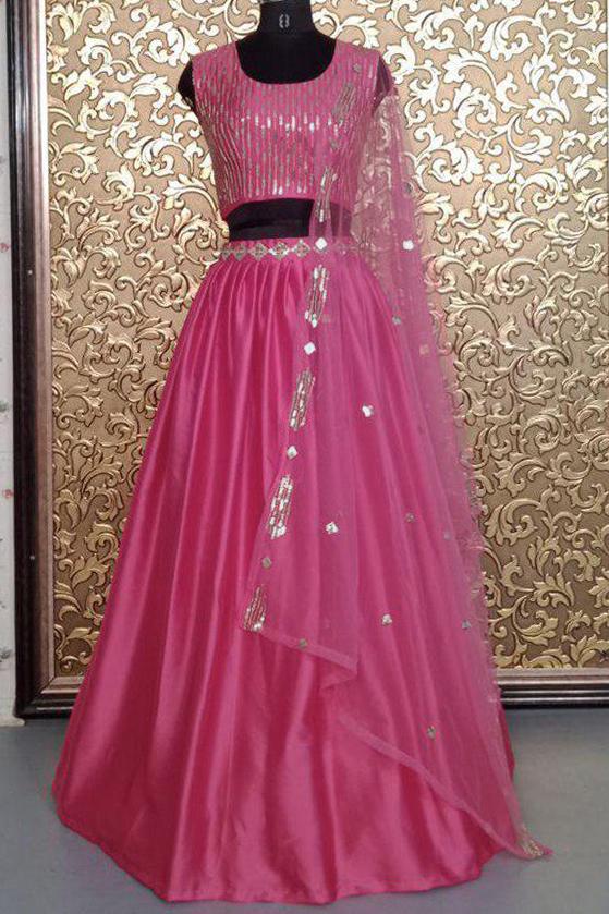 Party Wear Solid Pink Lehenga Choli WIth Zari & sequence Work