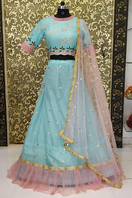 Sky blue lehenga with pink embroidery - RENT