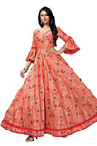 Jacquard Peach Color Cotton Long Gown With Umbrella Flair