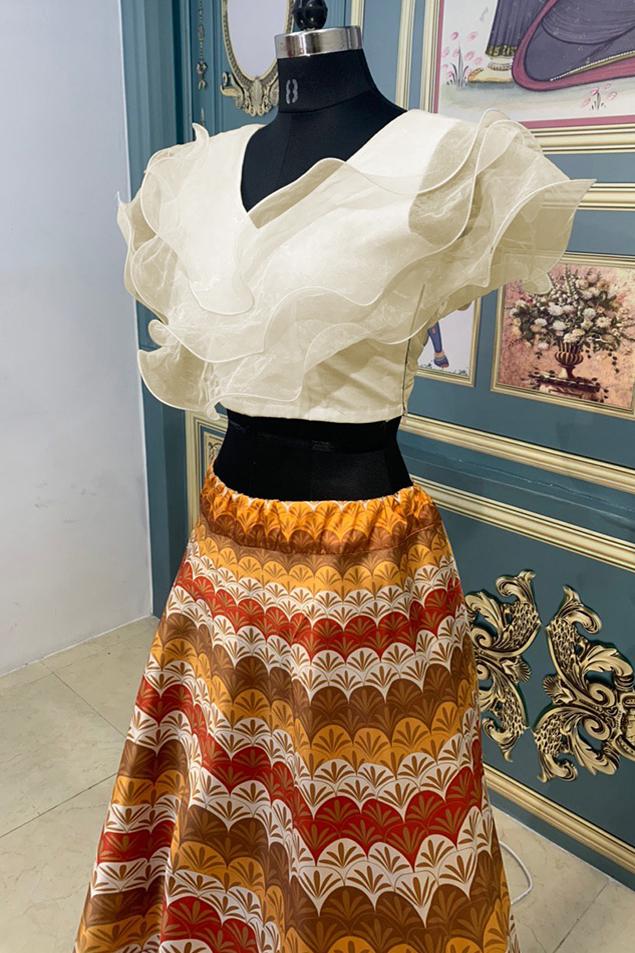 Stylish Party Wear Crop Top & Lehenga With Printed Work
