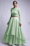 Party Wear Two Layer Crop Top Semi Stitched Lehenga With Thread Work