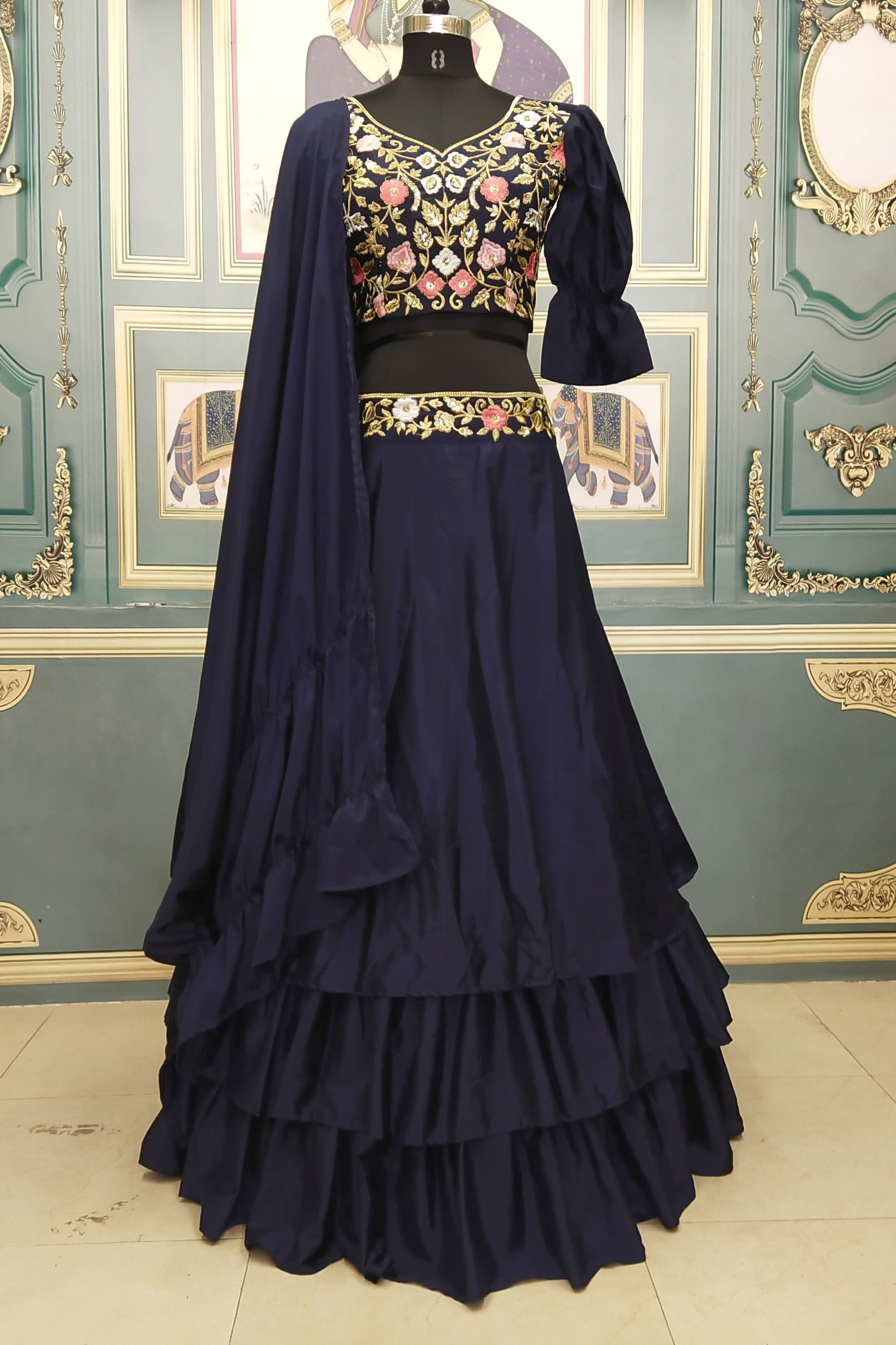 Parrot Georgette Three Layer Gown with Embroidered Thread Work