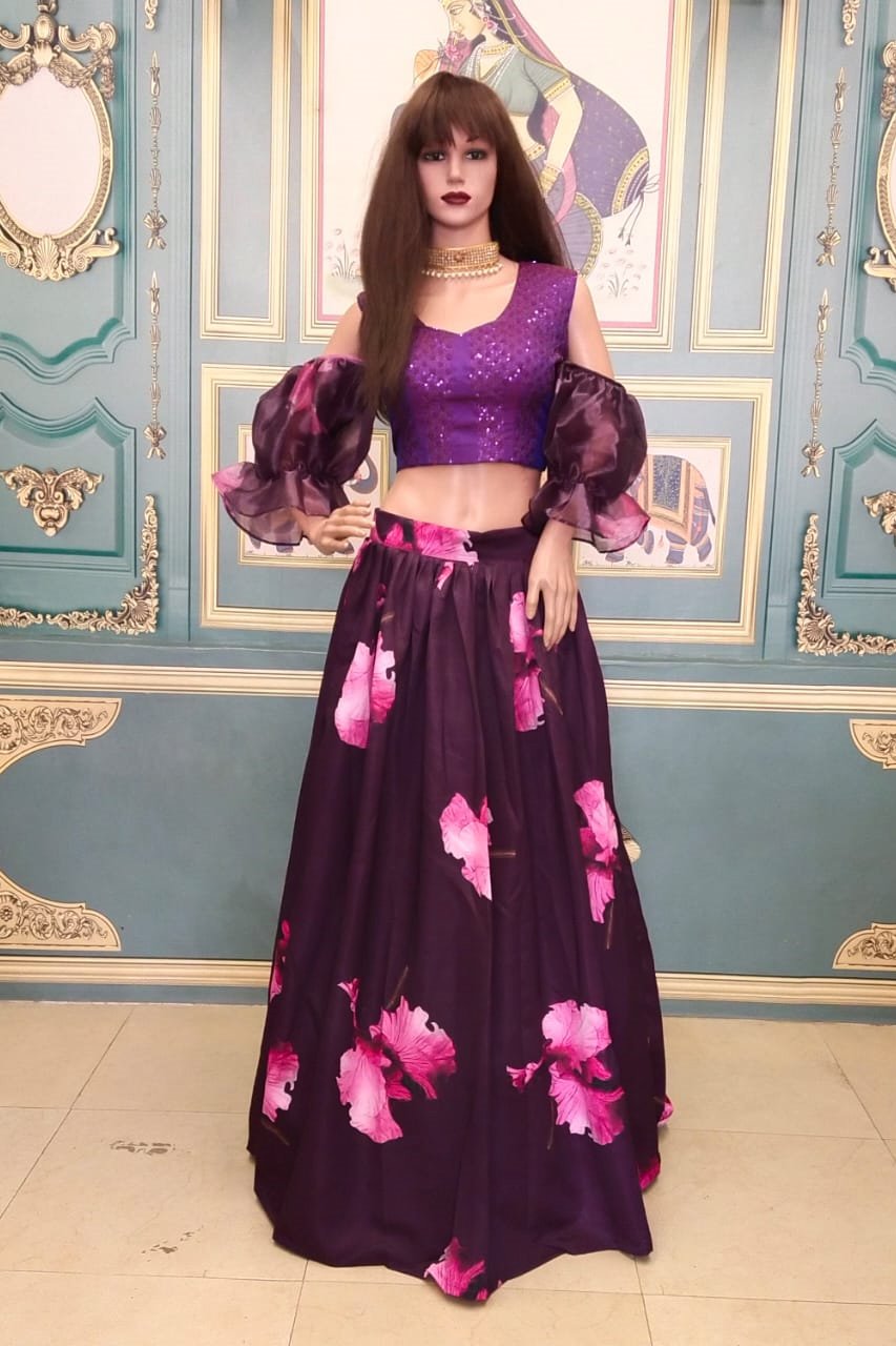 Floral Printed With Heavy Embroidery Work  Crop Top & Lehenga