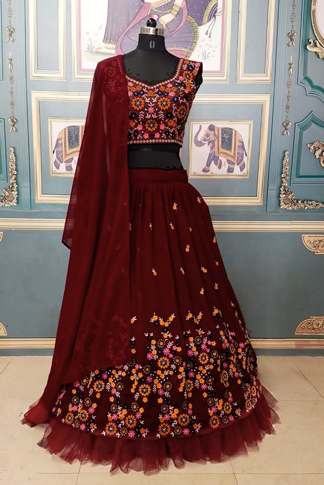Maroon Color Dyeing With Lagdi Patta Gaji Silk Lehenga Choli | eBay