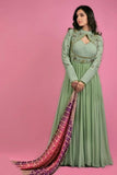 Party Wear Pista Color Embroidery Thread Work Long Gown With Dupatta