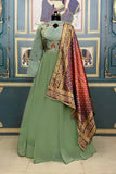 Party Wear Pista Color Embroidery Thread Work Long Gown With Dupatta