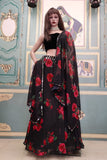 Red Floral Printed Black Georgette Lehenega Choli With Dupatta