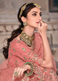 Peach Color Soft Net Fabric Resham And Zari Work Lehenga